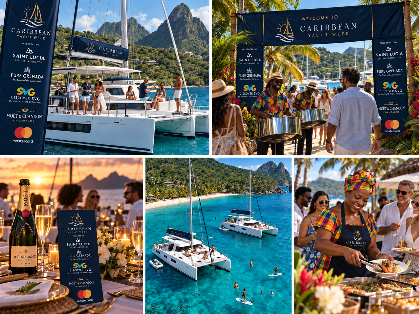 Collage of Caribbean Yacht Week partner presence: a branded marina banner beside a catamaran, a welcome arch with steel-pan musicians, a branded dinner table at sunset, yachts anchored in a turquoise bay, and island cuisine served on the beach