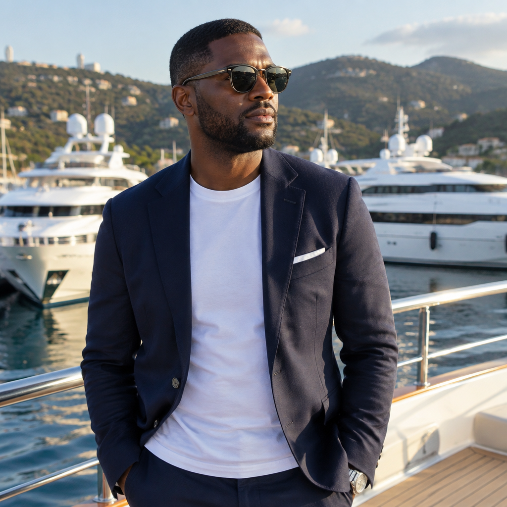 A founder in a navy blazer standing on a yacht deck at a marina