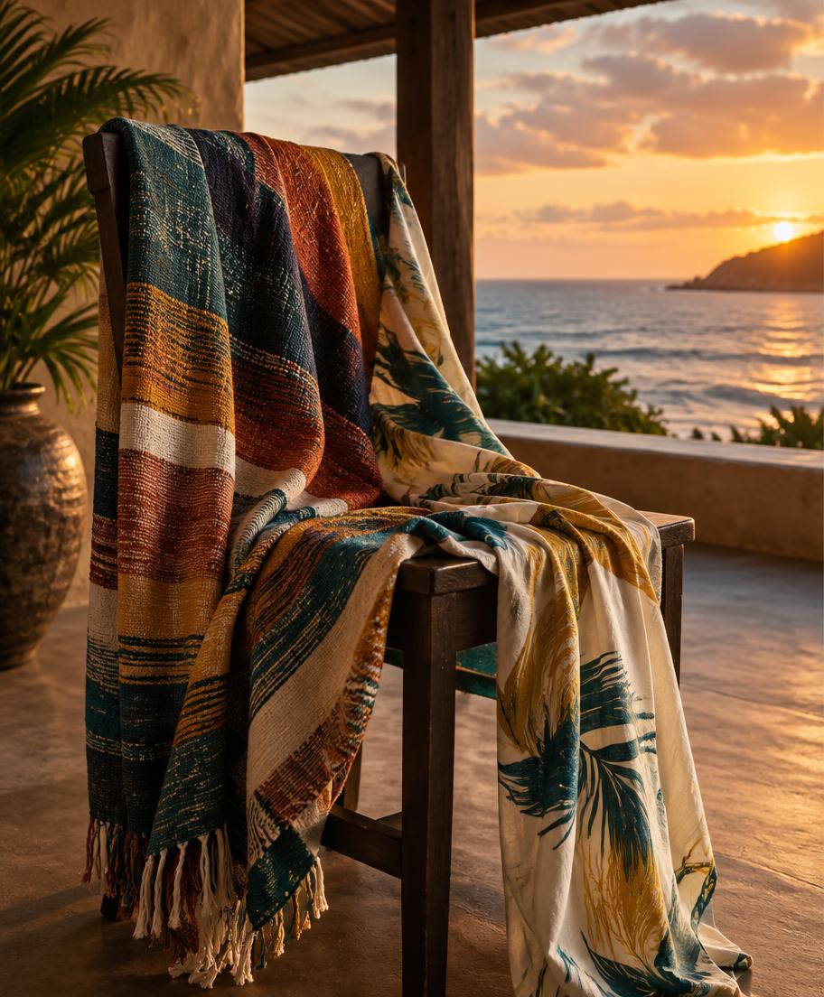 Illustrative patterned fabrics arranged by the sea at sunset, not work by a confirmed designer