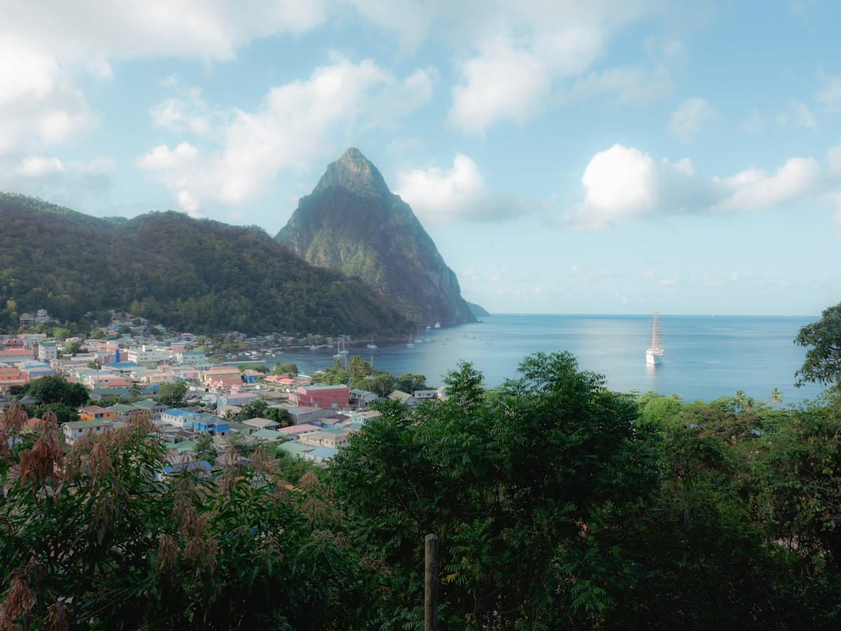 The Pitons above Saint Lucia's coastline on a bright Caribbean day