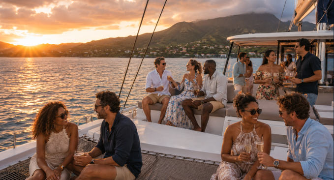 Guests sharing drinks aboard a catamaran at sunset with the Saint Lucia Pitons behind