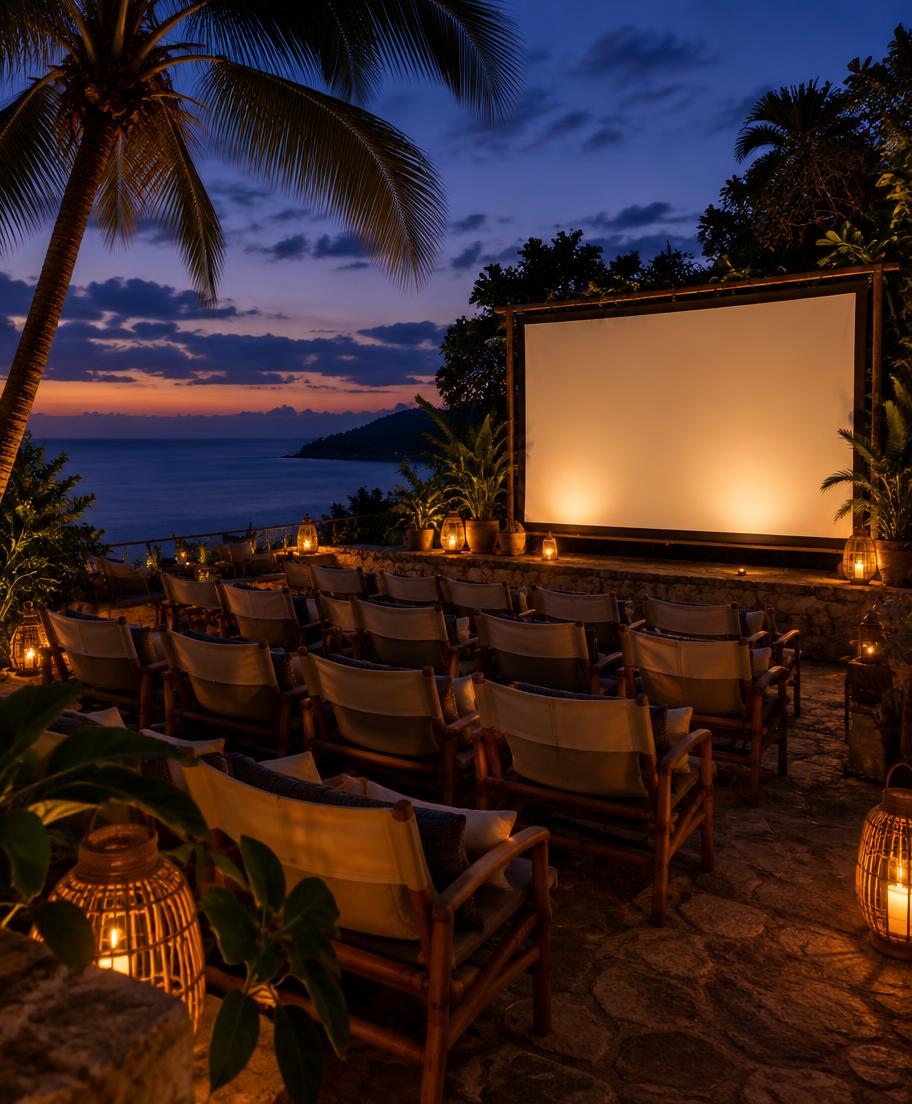 Illustrative open-air cinema at dusk with an empty screen, not the confirmed screening location