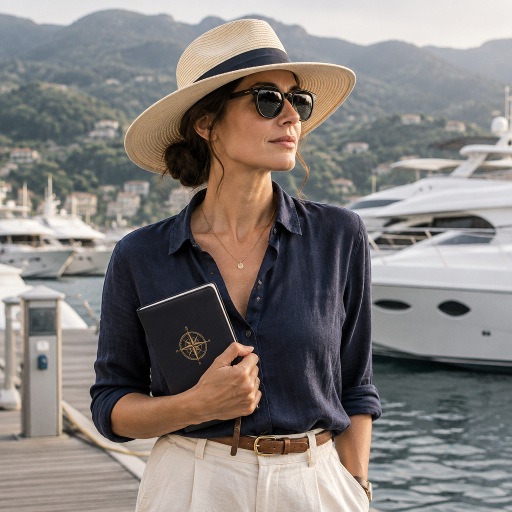 A travel advisor in a wide-brim straw hat holding a notebook at a marina