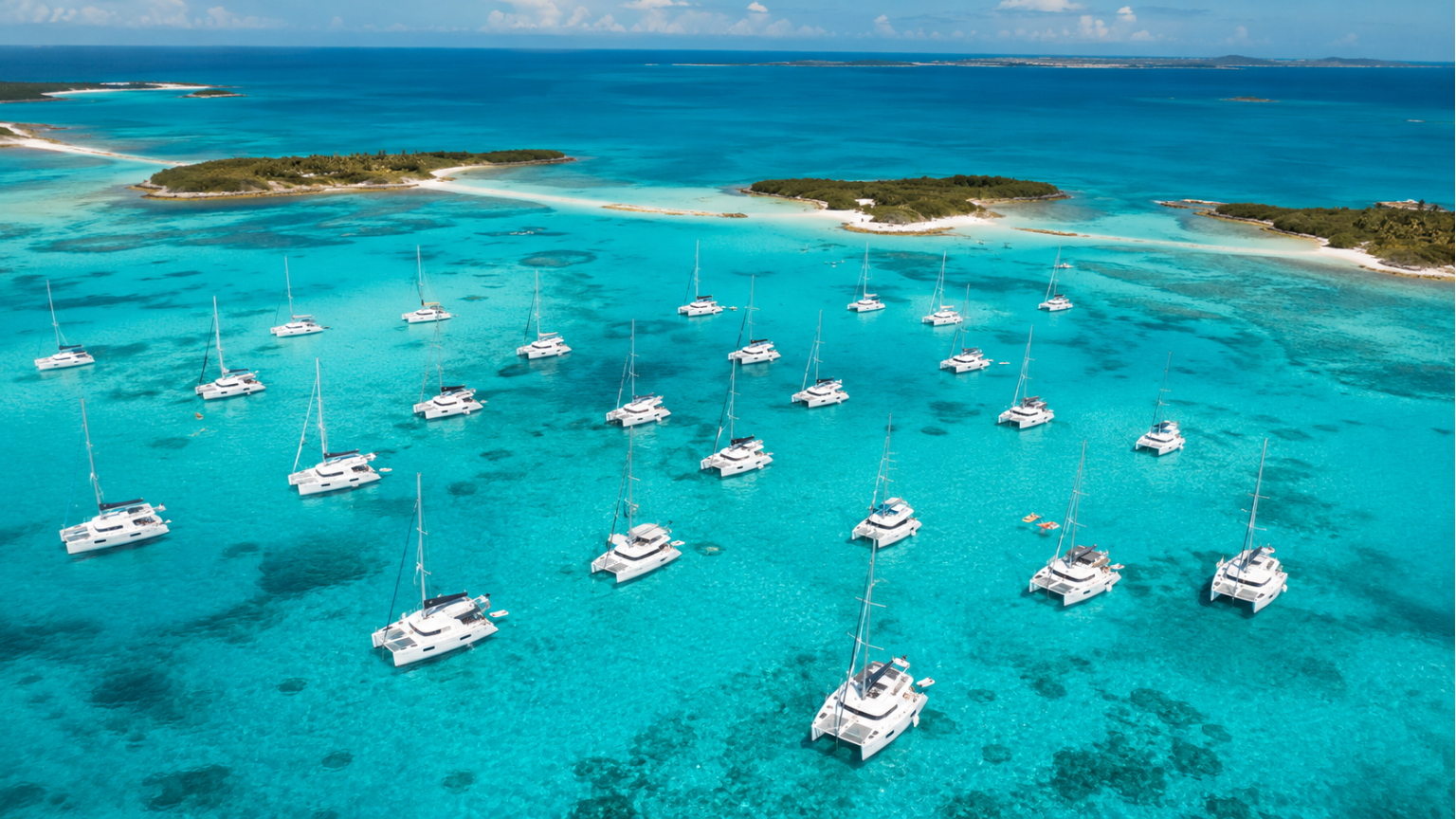 Aerial view of the Caribbean Yacht Week catamaran fleet anchored in vivid turquoise water beside a tropical island