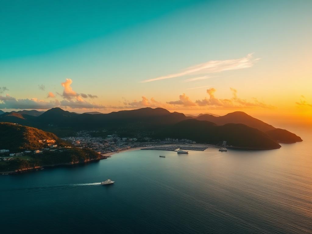 Grenada's coastline and harbour at golden hour
