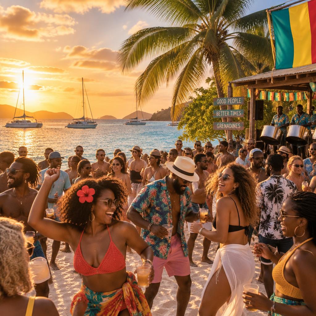 Guests dancing barefoot on the sand at a Grenadines beach party at sunset