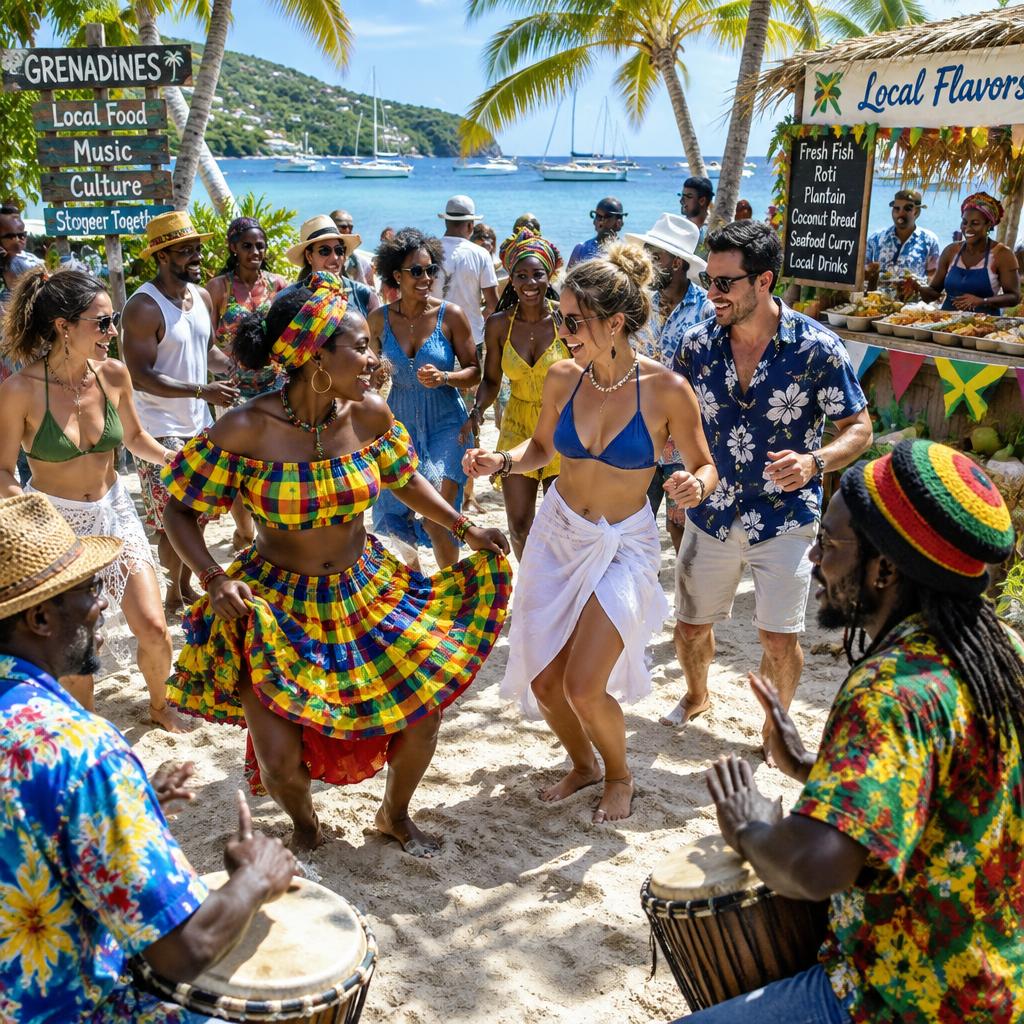 Locals and guests dancing together around drummers on the beach at midday