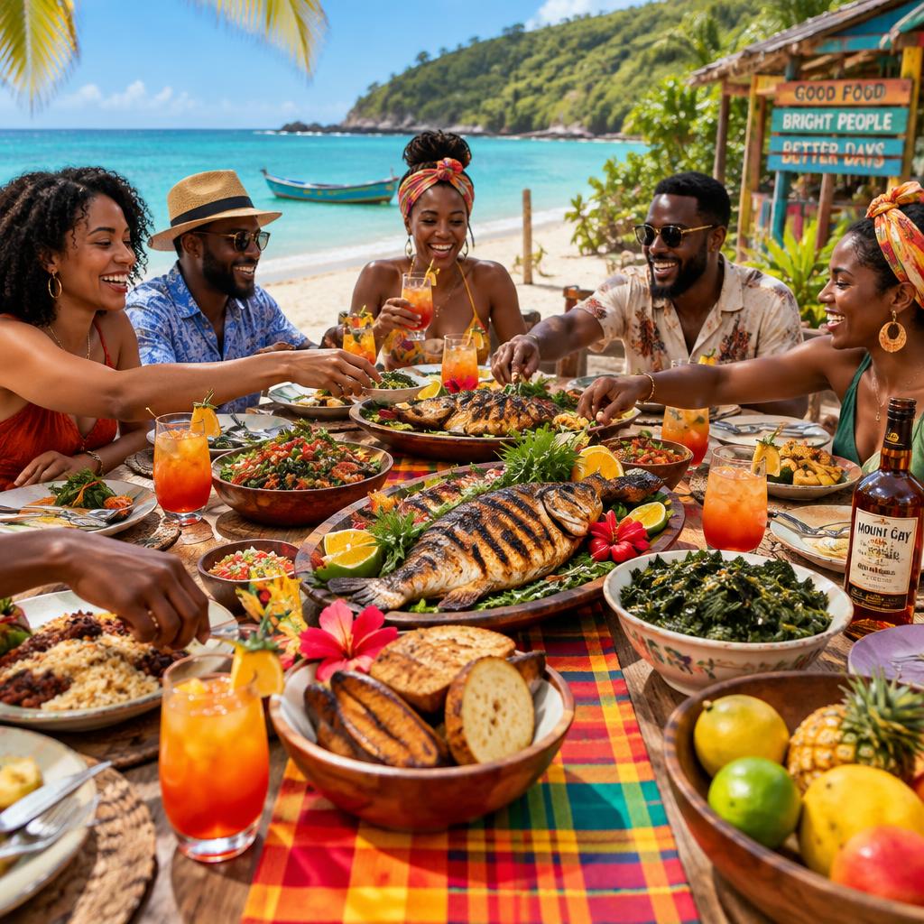 A long beach table laid with grilled fish, callaloo, fruit and rum punch