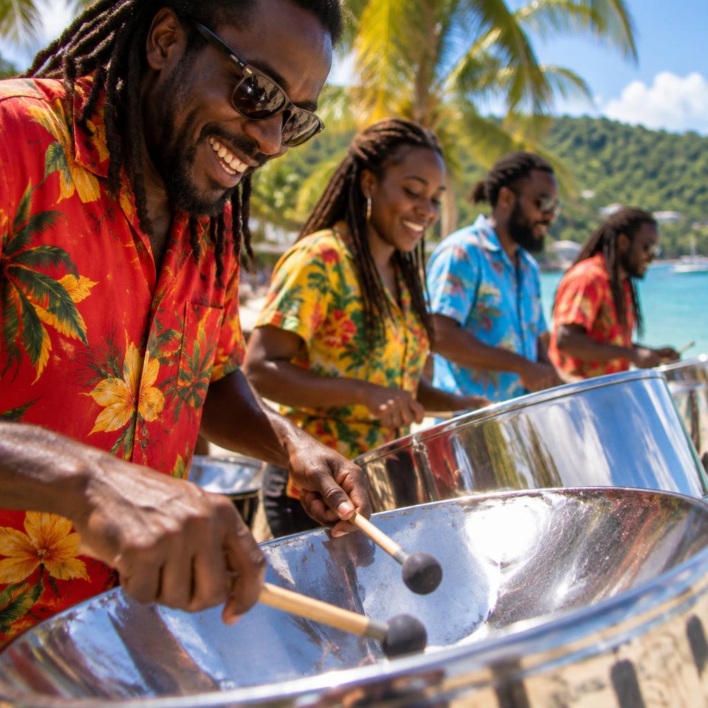 Steel-pan players drumming in bright shirts beside the water