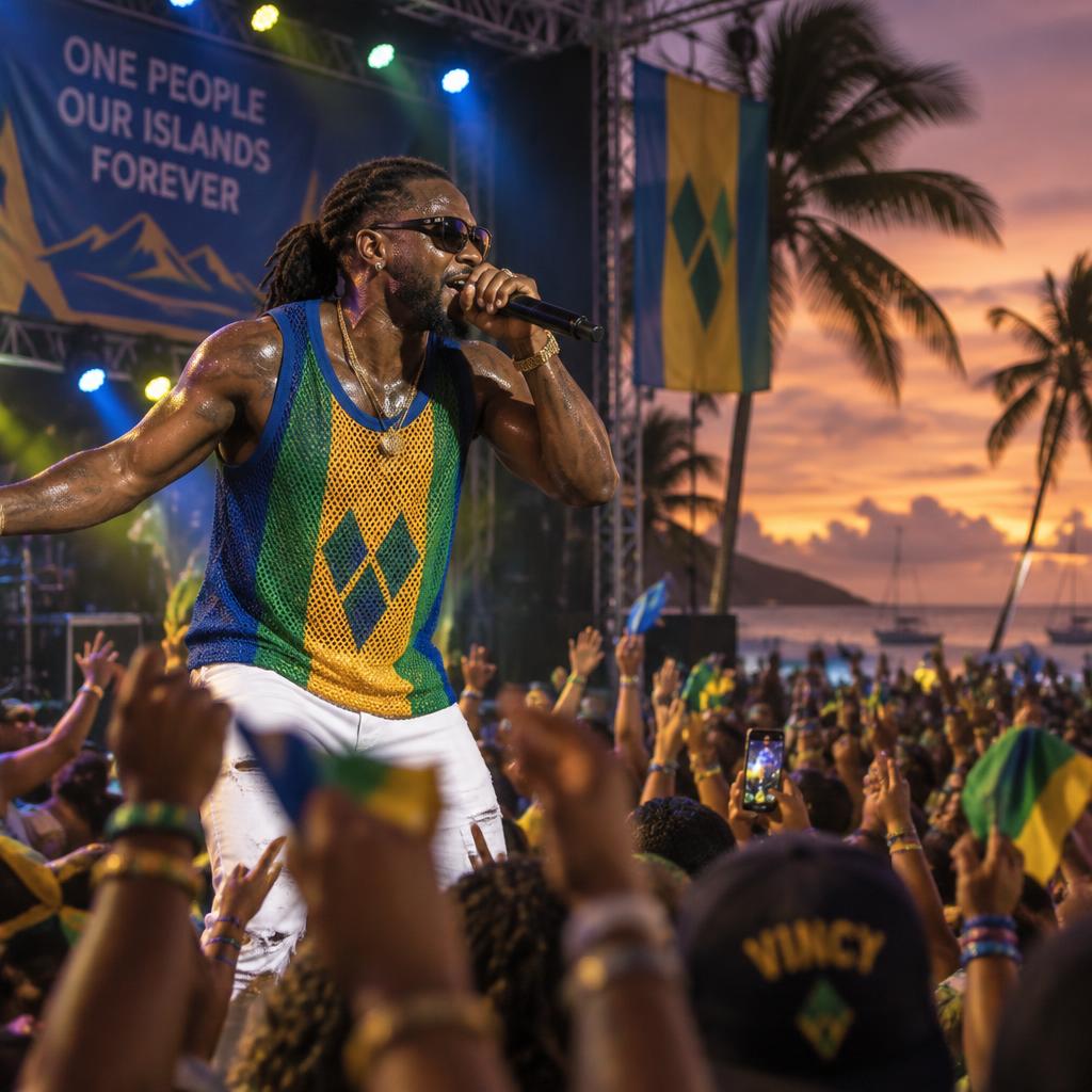 A soca artist performing on an open-air beach stage with a Vincentian flag behind