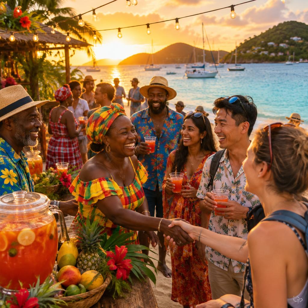 Mayreau locals welcoming travellers of many backgrounds with handshakes and fruit punch at sunset
