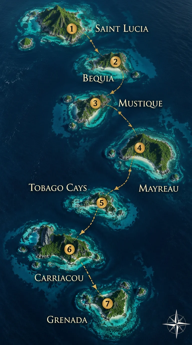 Illustrated nautical chart of the Caribbean Yacht Week route, with seven islands connected by a dashed brass line from Saint Lucia in the north to Grenada in the south
