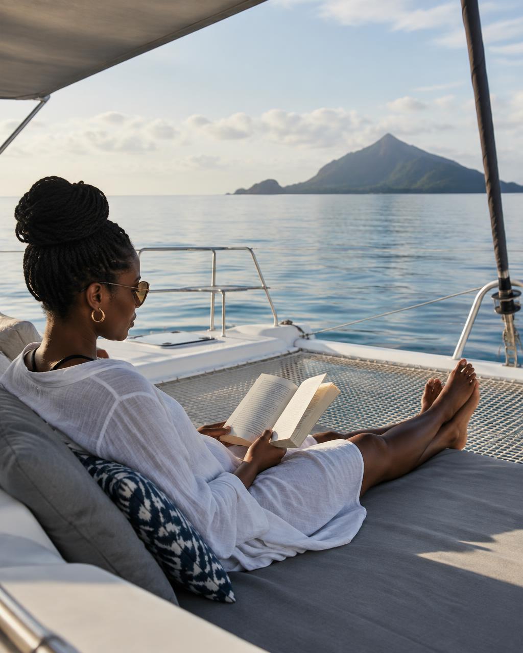 A guest reading alone on the shaded foredeck of a sailing catamaran