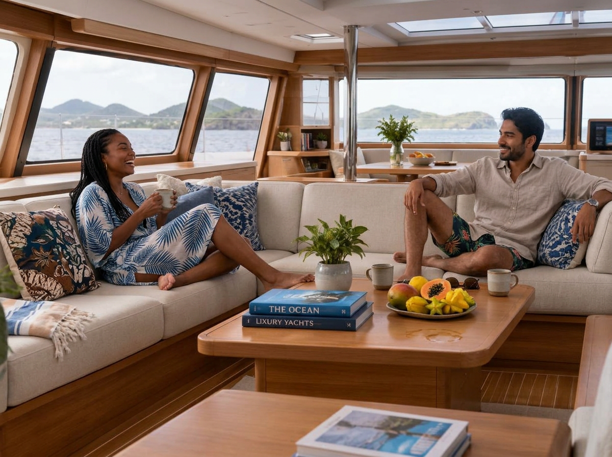 Guests in swimwear lounging with coffee and fruit in a catamaran saloon