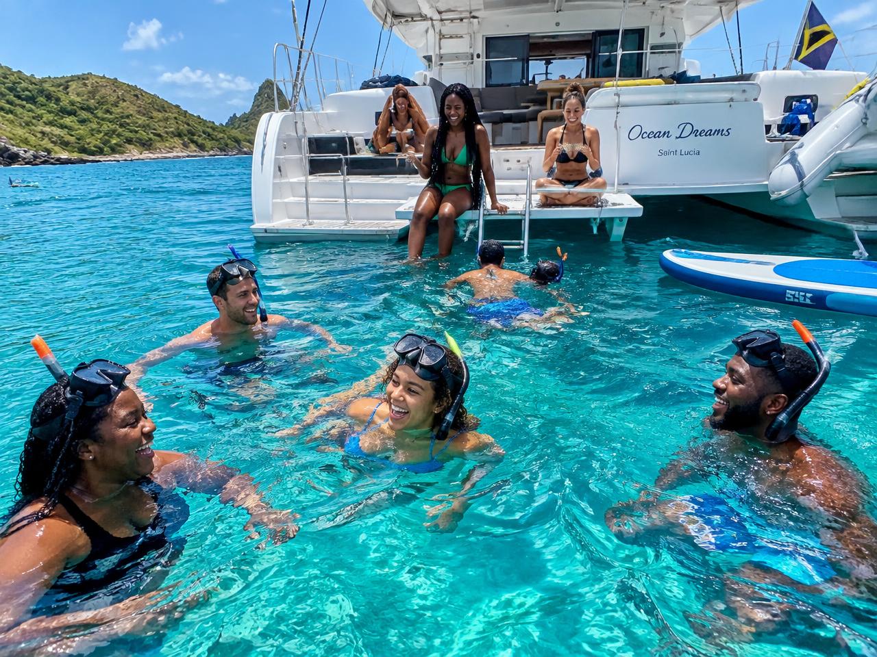 Guests swimming from the stern of an anchored catamaran in clear turquoise water